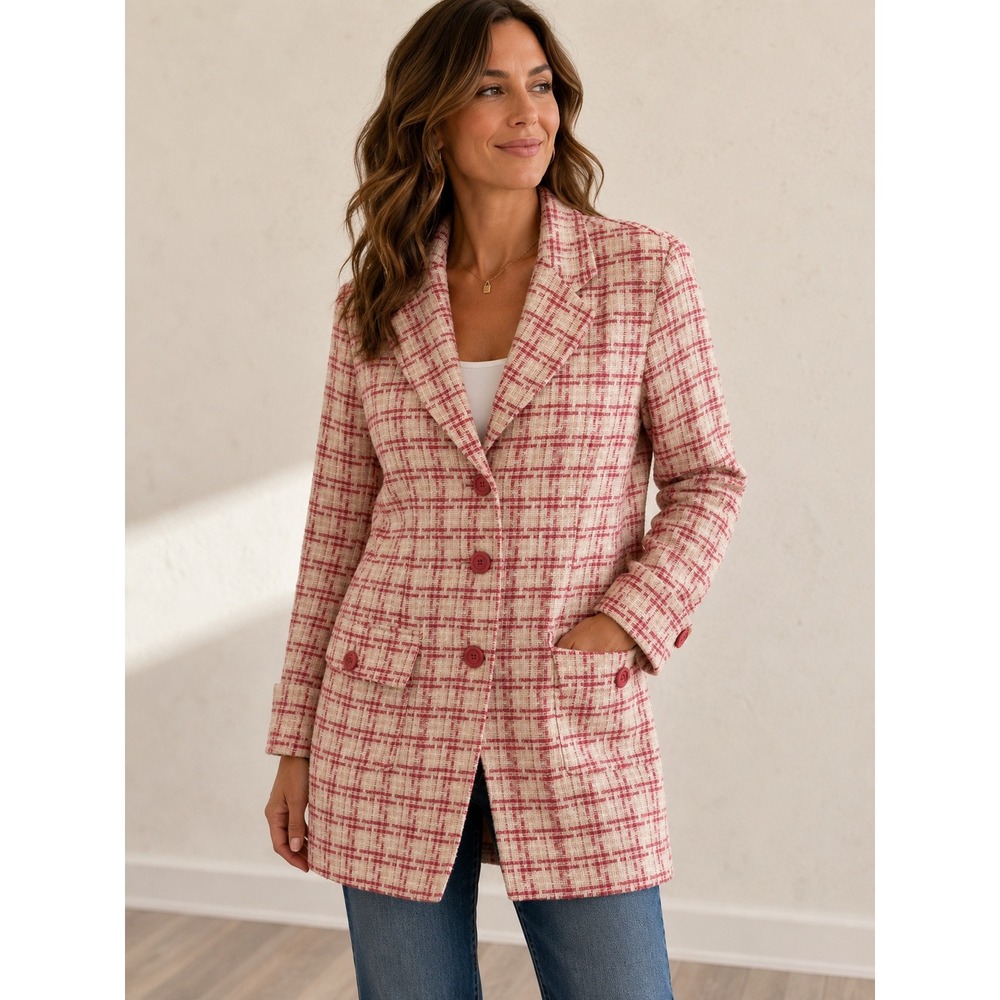 Apt 9 Long Pea Coat Womens 6 Pink White Plaid Tweed Cottagecore Feminine Pockets